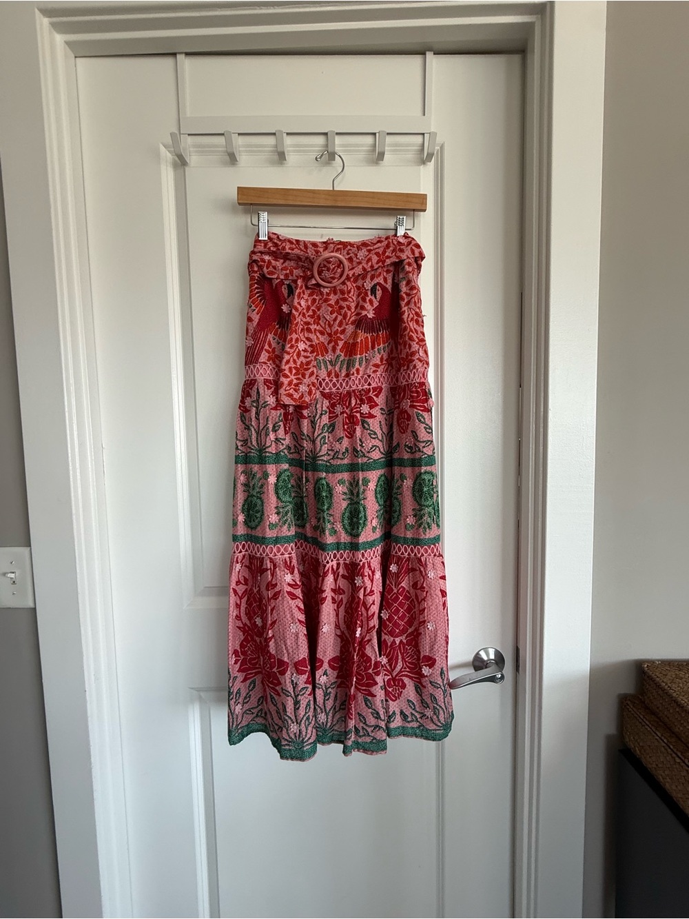 Farm Rio Ainiika Printed Tiered Maxi Skirt with Belt Pink Red Green M NWOT - Picture 10 of 16